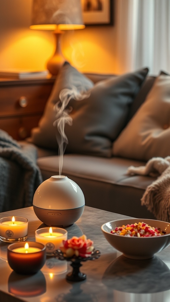 A cozy living room with a diffuser, scented candles, and potpourri creating a warm atmosphere.